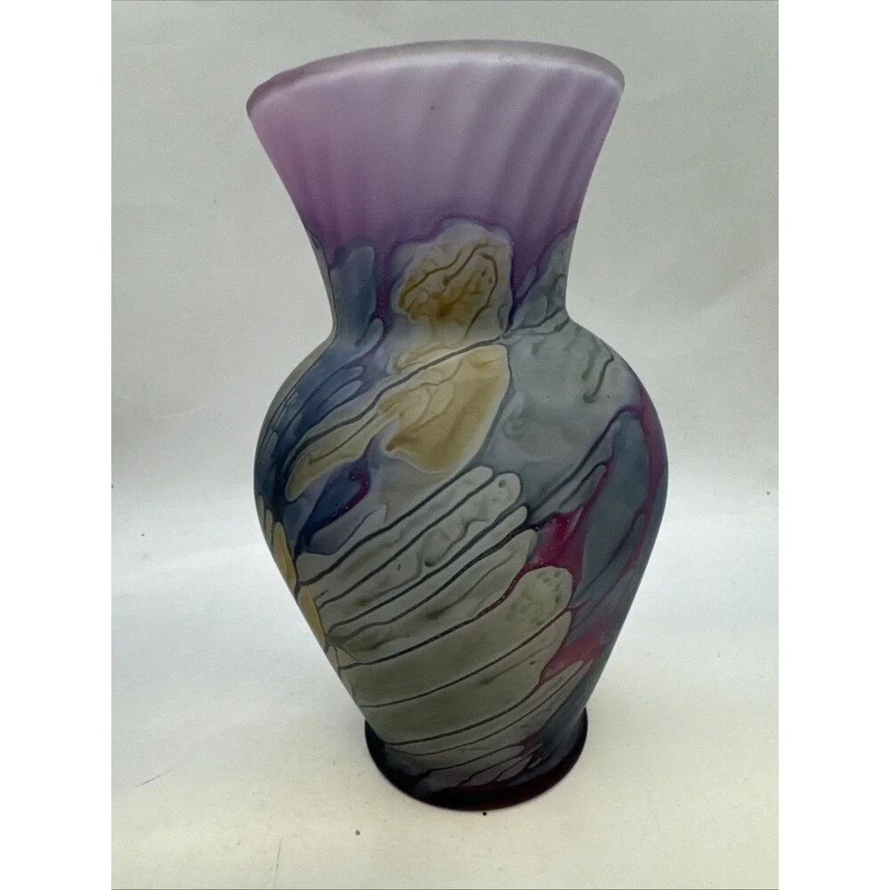 Rueven Nouveau Art Glass Frosted Hand Watercolor Painted Glass Vase Satin Matte